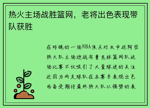 热火主场战胜篮网，老将出色表现带队获胜