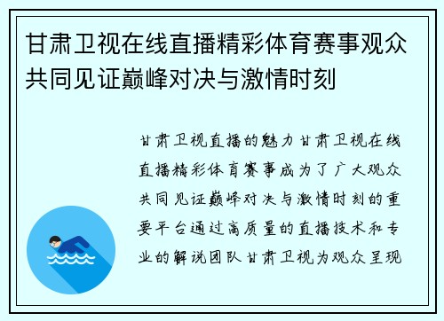 甘肃卫视在线直播精彩体育赛事观众共同见证巅峰对决与激情时刻