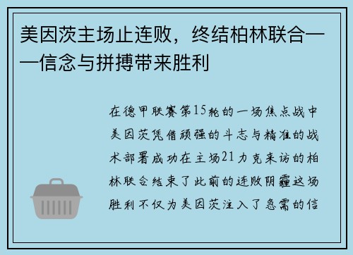 美因茨主场止连败，终结柏林联合——信念与拼搏带来胜利