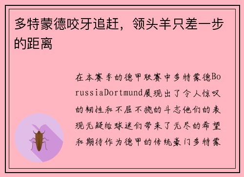 多特蒙德咬牙追赶，领头羊只差一步的距离