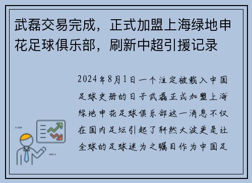 武磊交易完成，正式加盟上海绿地申花足球俱乐部，刷新中超引援记录